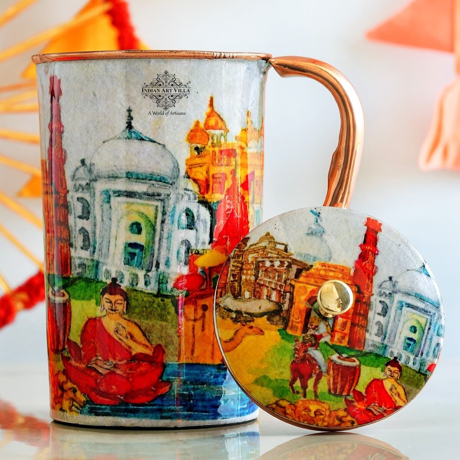 Pure copper printed jug padharo mhare desh design indiatour, 2000 ML